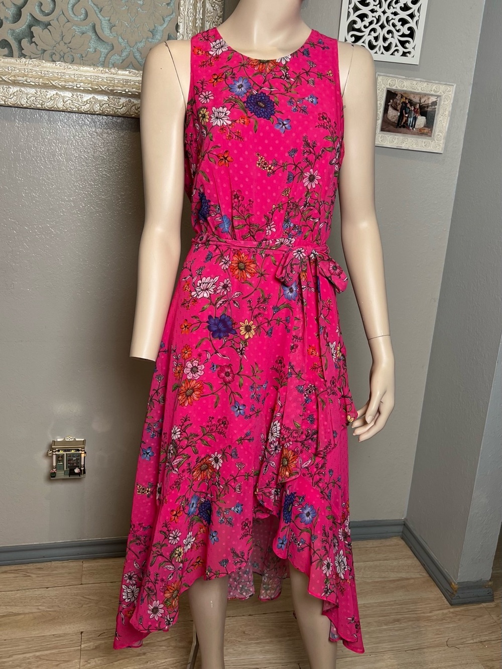 Taylor Hot Pink Floral Tie-Waist High-Low Midi Dress